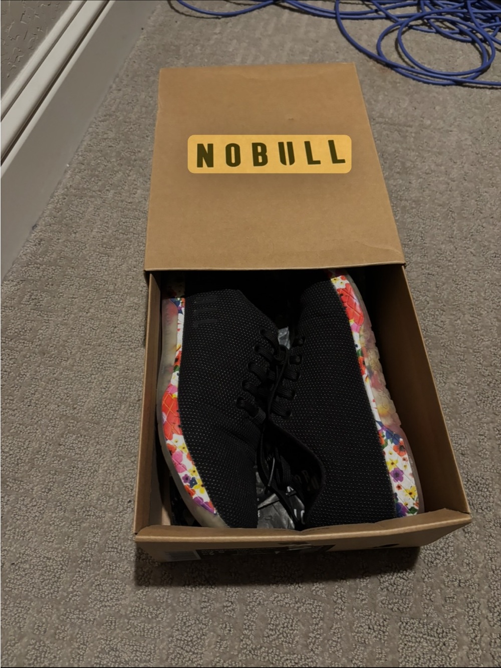 NOBULL women’s Black Knit Sneakers with Floral Multicolor Sole